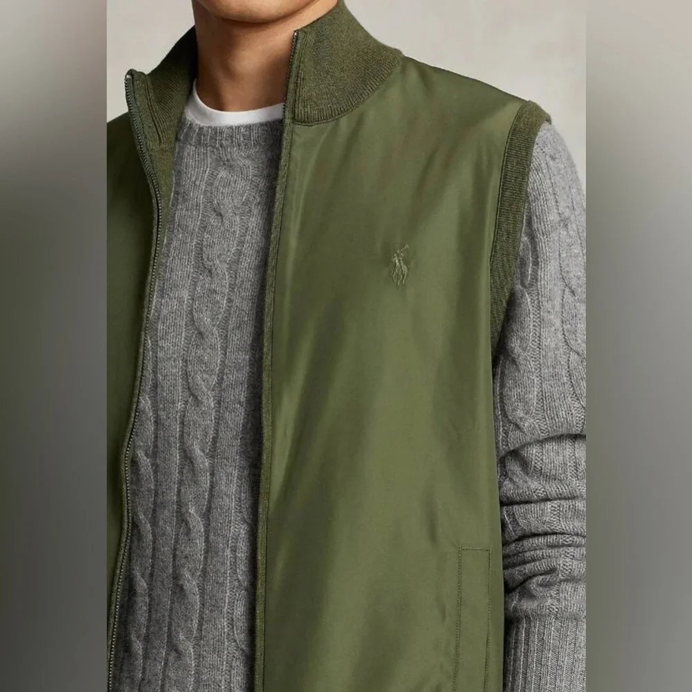 Polo Ralph Lauren Men's Olive Woven Knit Fully Lined Zipper Front Hybrid Vest - Picture 5 of 13